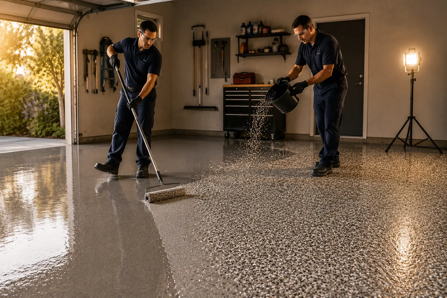 Huntsville Epoxy Pros team installing garage floor